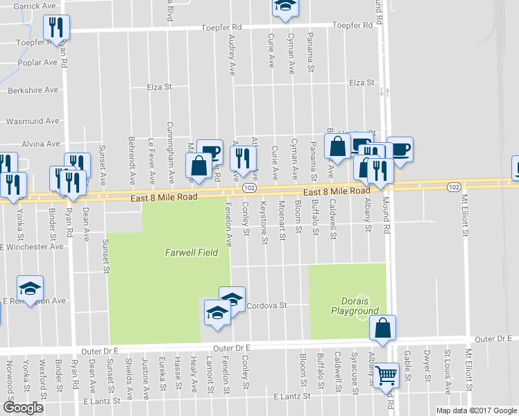 map of restaurants, bars, coffee shops, grocery stores, and more near 20561 Keystone Street in Detroit