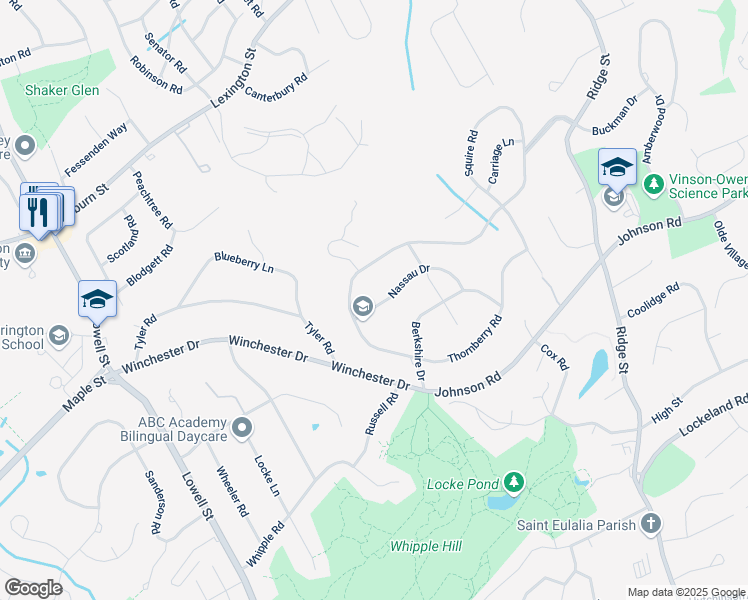 map of restaurants, bars, coffee shops, grocery stores, and more near 6 Nassau Drive in Winchester