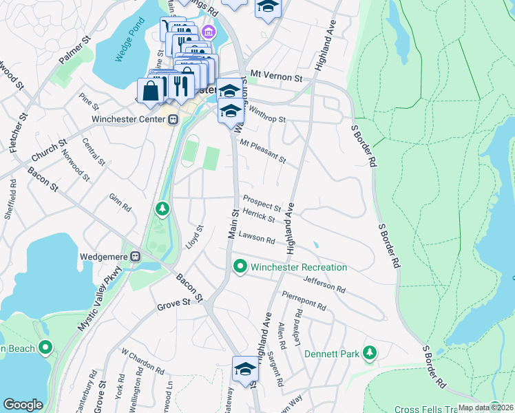 map of restaurants, bars, coffee shops, grocery stores, and more near 9 Prospect Street in Winchester