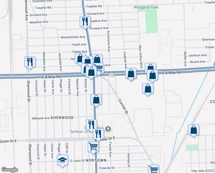 map of restaurants, bars, coffee shops, grocery stores, and more near 20461 Terrell Avenue in Detroit
