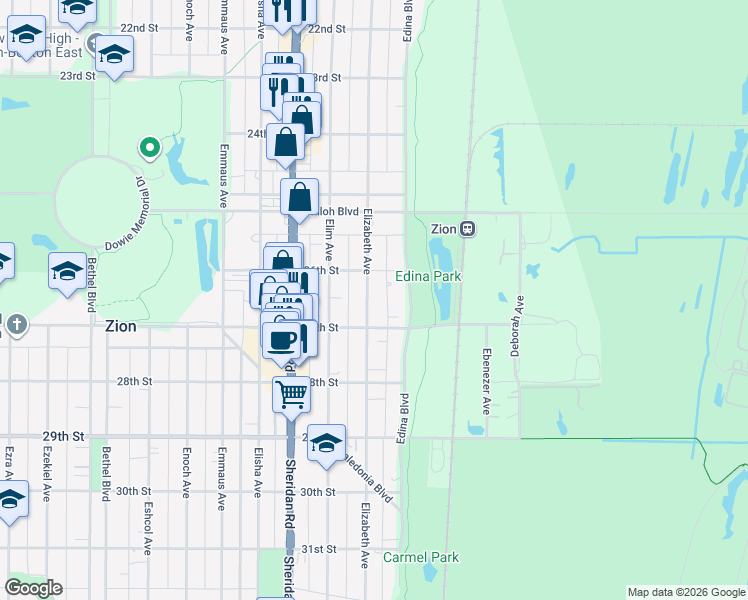map of restaurants, bars, coffee shops, grocery stores, and more near 2613 Elizabeth Avenue in Zion
