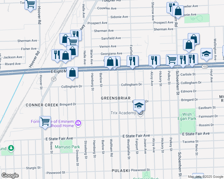 map of restaurants, bars, coffee shops, grocery stores, and more near 20296 Waltham Street in Detroit