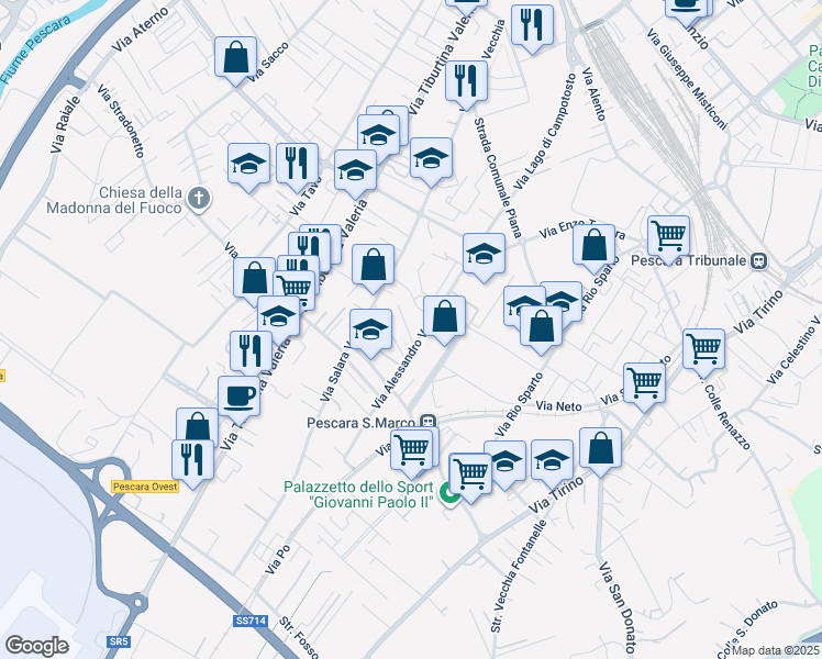 map of restaurants, bars, coffee shops, grocery stores, and more near 26 Via Alessandro Volta in Pescara