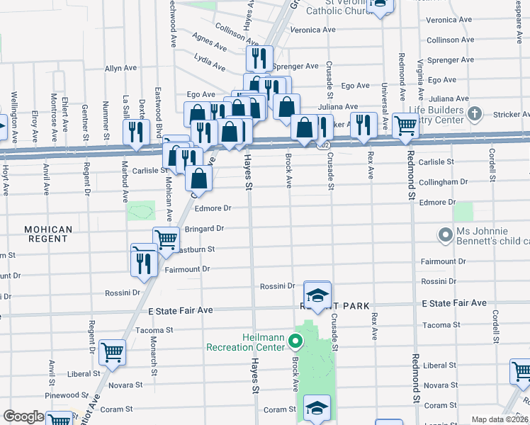 map of restaurants, bars, coffee shops, grocery stores, and more near 15232 Edmore Drive in Detroit