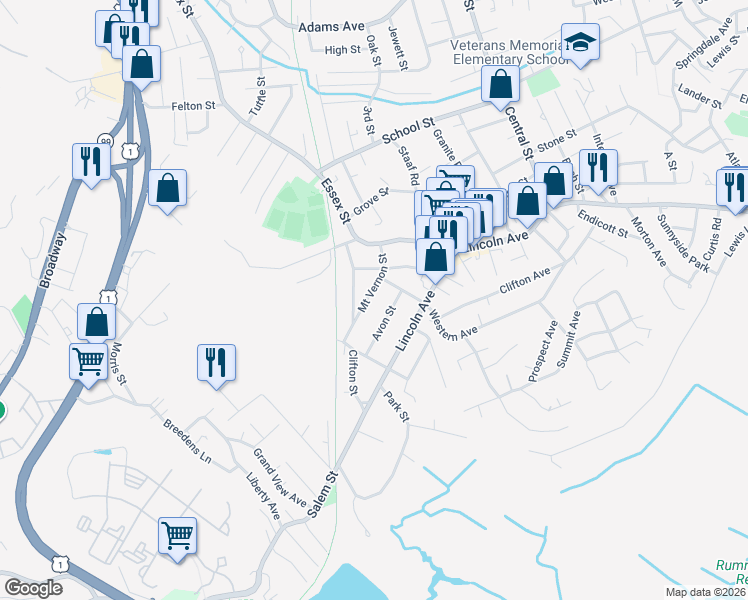 map of restaurants, bars, coffee shops, grocery stores, and more near 28 Mount Vernon Street in Saugus
