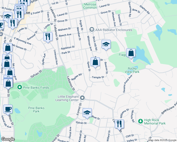 map of restaurants, bars, coffee shops, grocery stores, and more near 22 Spear Street in Melrose