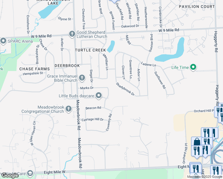map of restaurants, bars, coffee shops, grocery stores, and more near 21660 Phillip Drive in Novi
