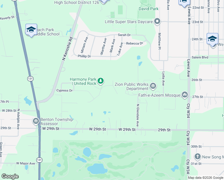 map of restaurants, bars, coffee shops, grocery stores, and more near 2702 Mark Avenue in Zion