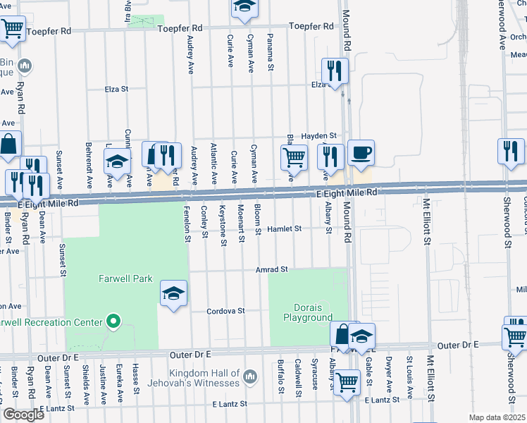 map of restaurants, bars, coffee shops, grocery stores, and more near 20561 Buffalo Street in Detroit