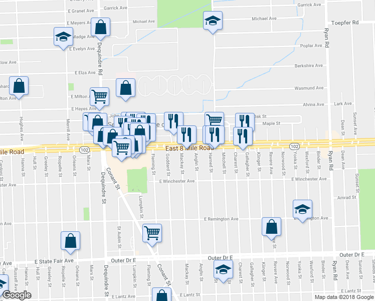 map of restaurants, bars, coffee shops, grocery stores, and more near 2600 East 8 Mile Road in Detroit