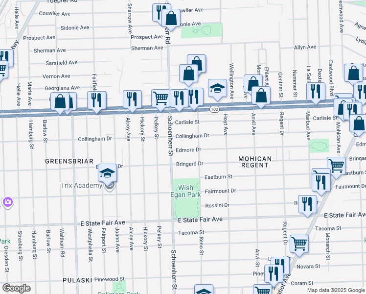map of restaurants, bars, coffee shops, grocery stores, and more near 13649 Edmore Drive in Detroit