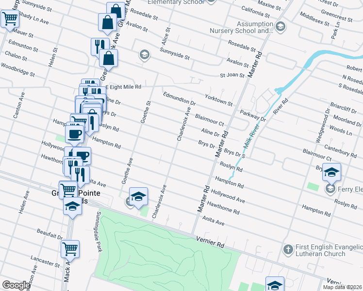 map of restaurants, bars, coffee shops, grocery stores, and more near 1458 Roslyn Road in Grosse Pointe Woods