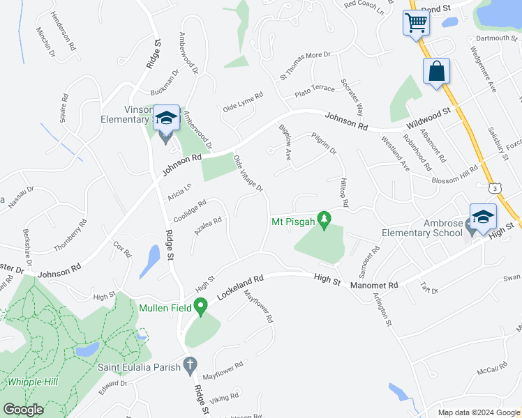 map of restaurants, bars, coffee shops, grocery stores, and more near 17 Olde Village Drive in Winchester