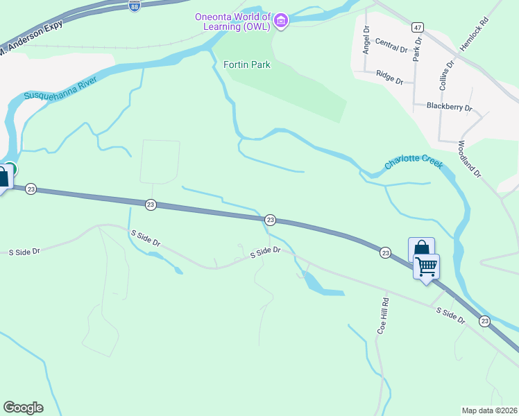 map of restaurants, bars, coffee shops, grocery stores, and more near 6185 New York 23 in Oneonta