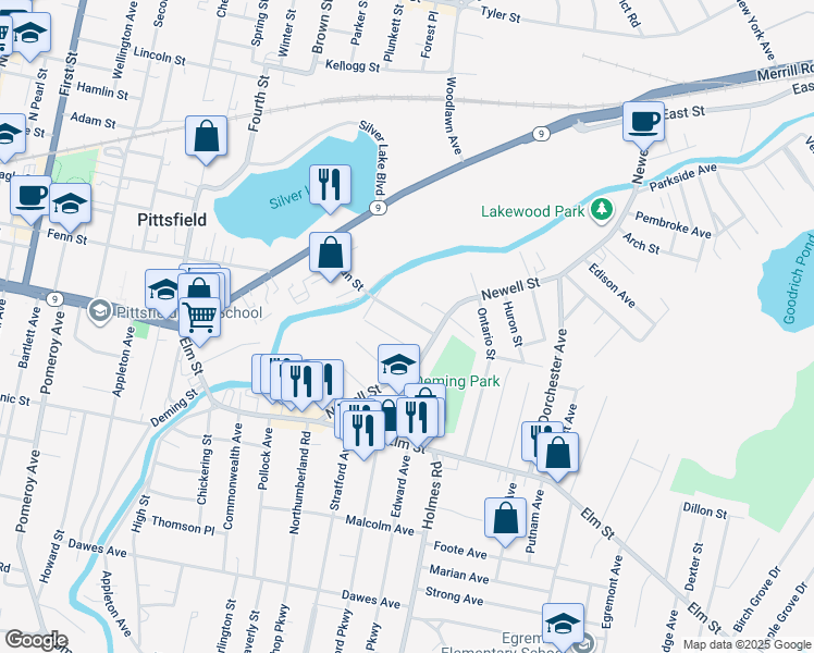 map of restaurants, bars, coffee shops, grocery stores, and more near 100 Lyman Street in Pittsfield