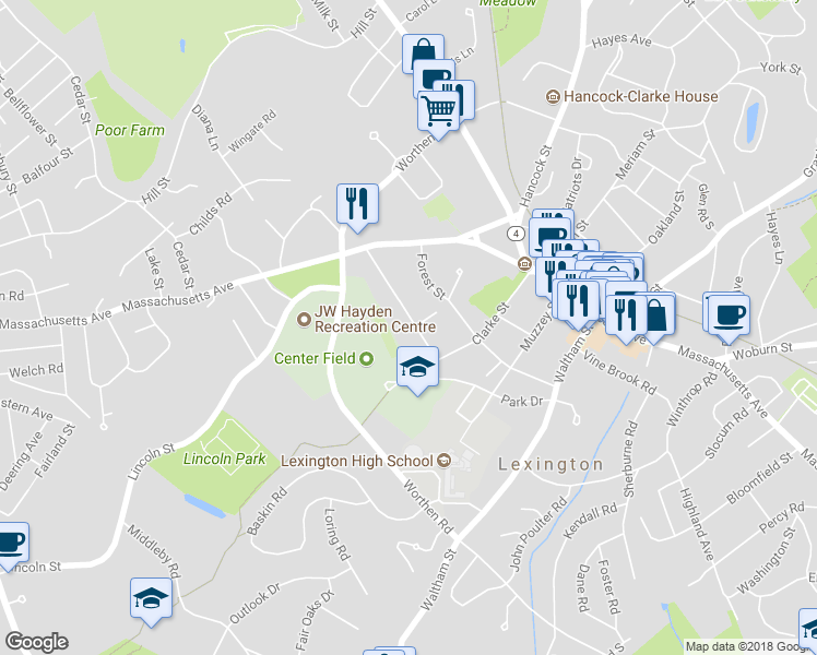 map of restaurants, bars, coffee shops, grocery stores, and more near 31 Parker Street in Lexington
