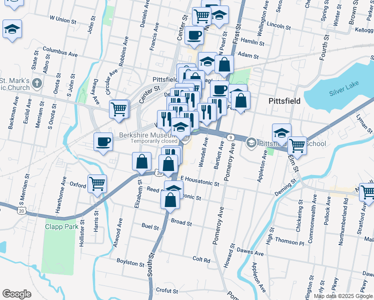 map of restaurants, bars, coffee shops, grocery stores, and more near 89 South Street in Pittsfield