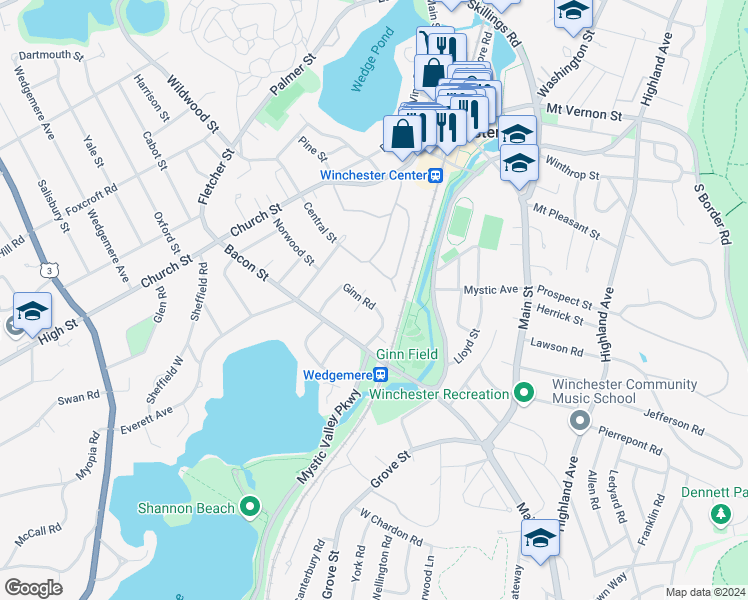 map of restaurants, bars, coffee shops, grocery stores, and more near 20 Ginn Road in Winchester