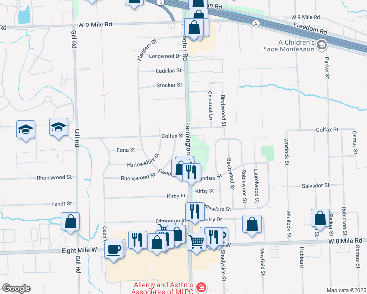 map of restaurants, bars, coffee shops, grocery stores, and more near 21305 Farmington Road in Farmington