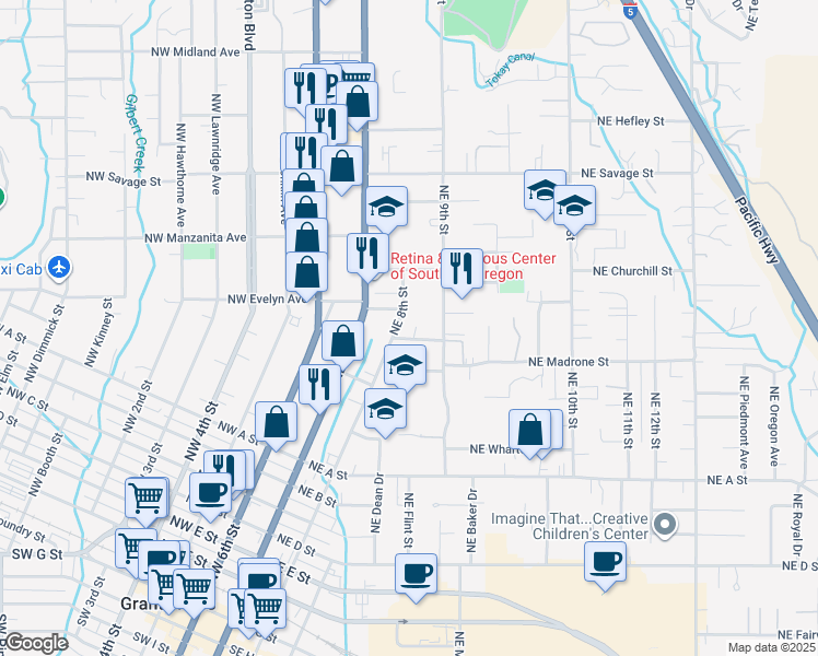 map of restaurants, bars, coffee shops, grocery stores, and more near 314 Northeast Fetzner Street in Grants Pass