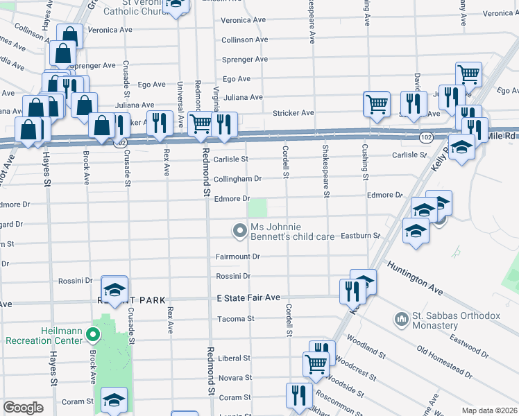 map of restaurants, bars, coffee shops, grocery stores, and more near 16251 Bringard Dr in Detroit