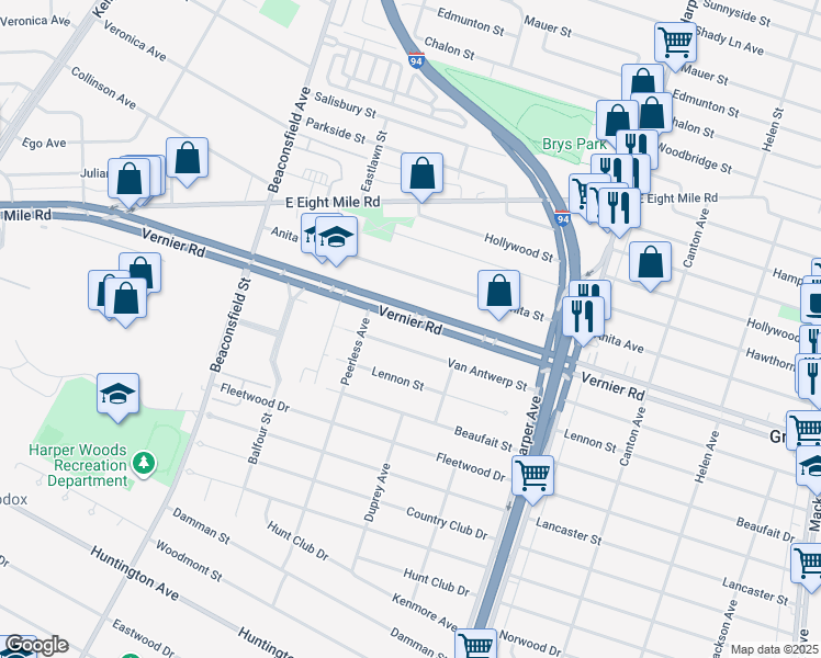 map of restaurants, bars, coffee shops, grocery stores, and more near 20280 Vernier Road in Harper Woods