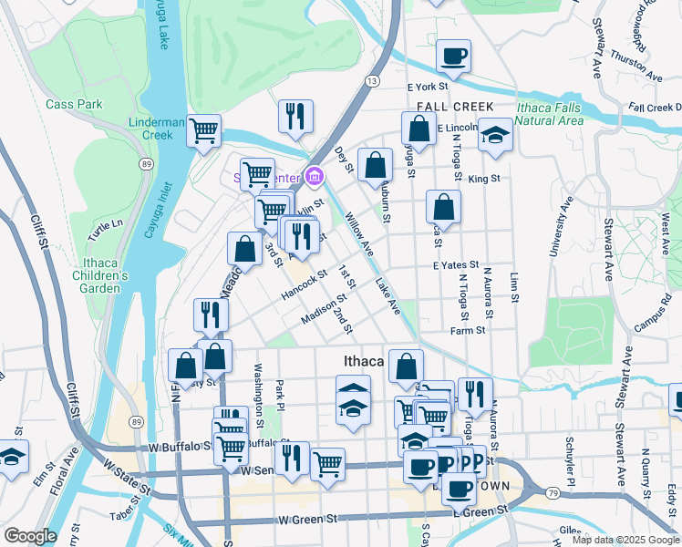 map of restaurants, bars, coffee shops, grocery stores, and more near 316 1st Street in Ithaca