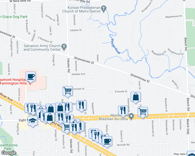 map of restaurants, bars, coffee shops, grocery stores, and more near 21193 Indian in Southfield