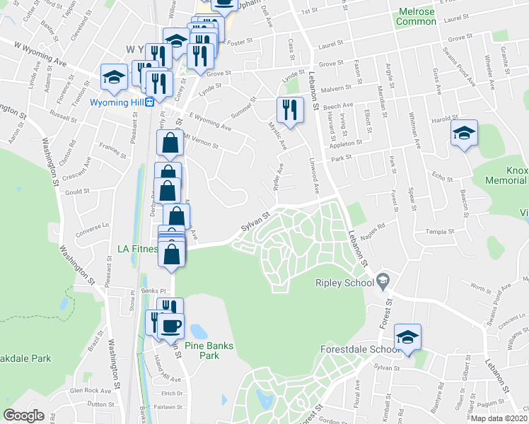 map of restaurants, bars, coffee shops, grocery stores, and more near 18 Rockwood Street in Melrose