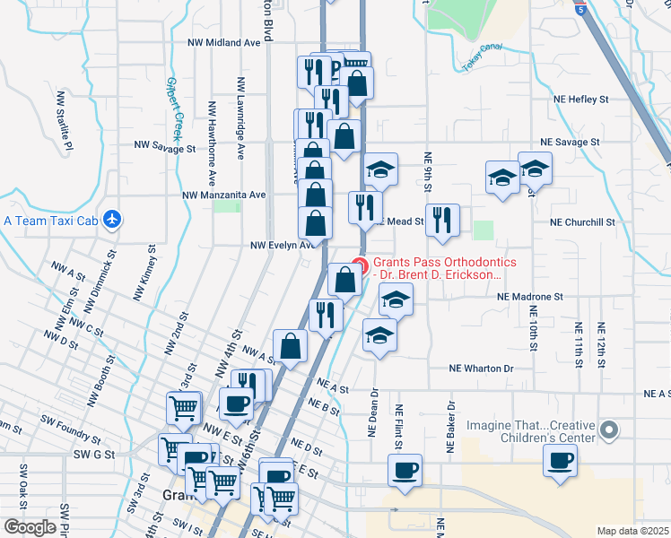 map of restaurants, bars, coffee shops, grocery stores, and more near 850 Northwest 6th Street in Grants Pass