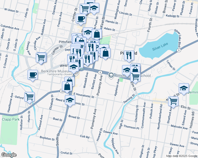 map of restaurants, bars, coffee shops, grocery stores, and more near 21 Pomeroy Avenue in Pittsfield