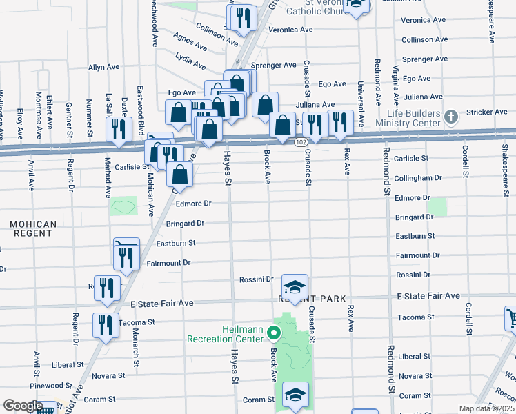 map of restaurants, bars, coffee shops, grocery stores, and more near 15406 Edmore Drive in Detroit