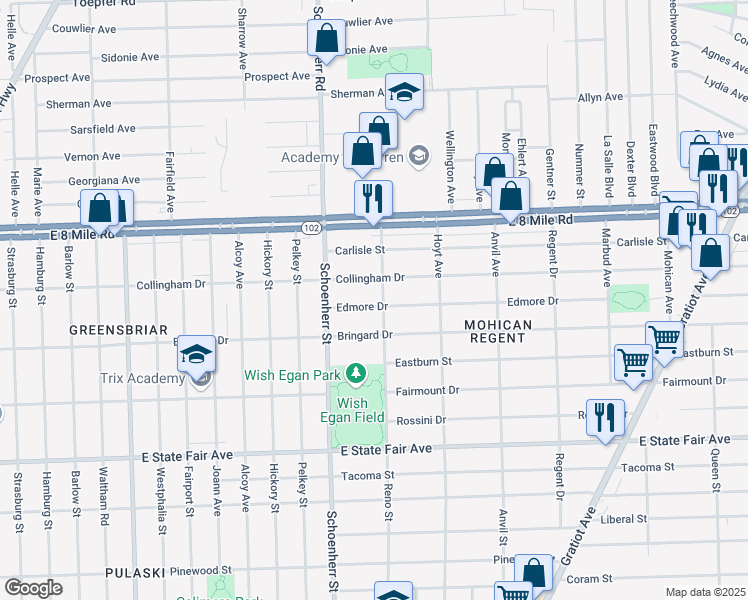 map of restaurants, bars, coffee shops, grocery stores, and more near 13801 Edmore Drive in Detroit