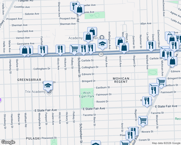 map of restaurants, bars, coffee shops, grocery stores, and more near 13801 Edmore Drive in Detroit