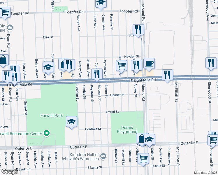 map of restaurants, bars, coffee shops, grocery stores, and more near 20561 Buffalo Street in Detroit