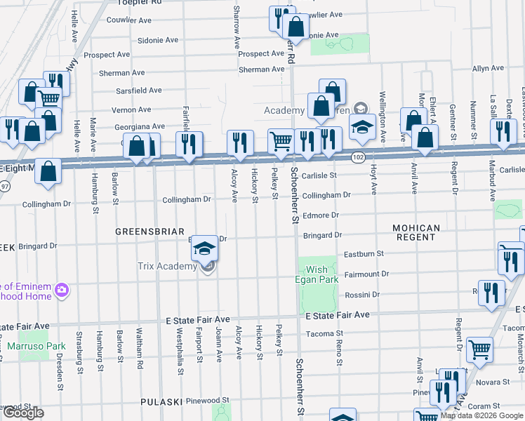 map of restaurants, bars, coffee shops, grocery stores, and more near 20282 Hickory Street in Detroit