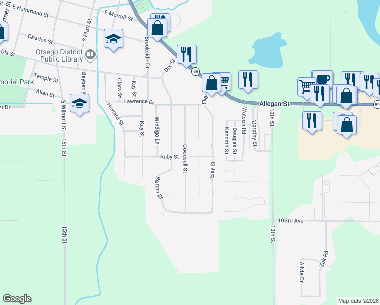 map of restaurants, bars, coffee shops, grocery stores, and more near 901 Ruby Street in Otsego