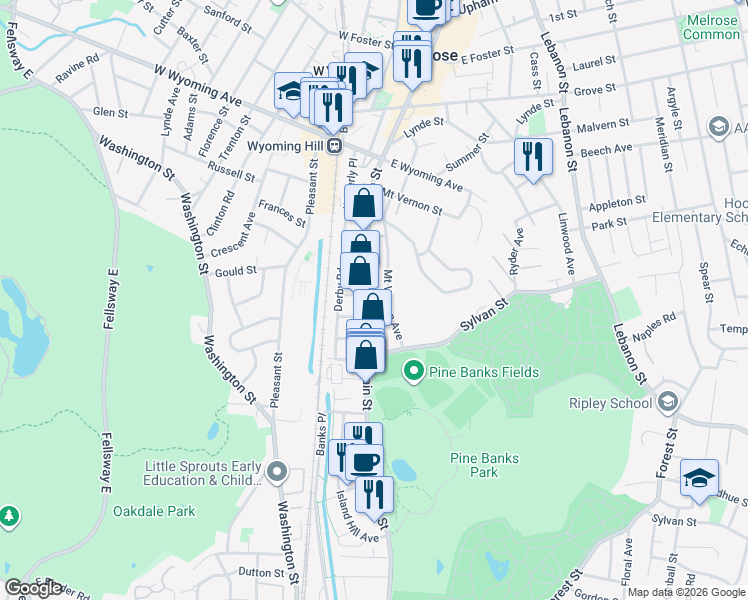 map of restaurants, bars, coffee shops, grocery stores, and more near 8 Lodge Avenue in Melrose