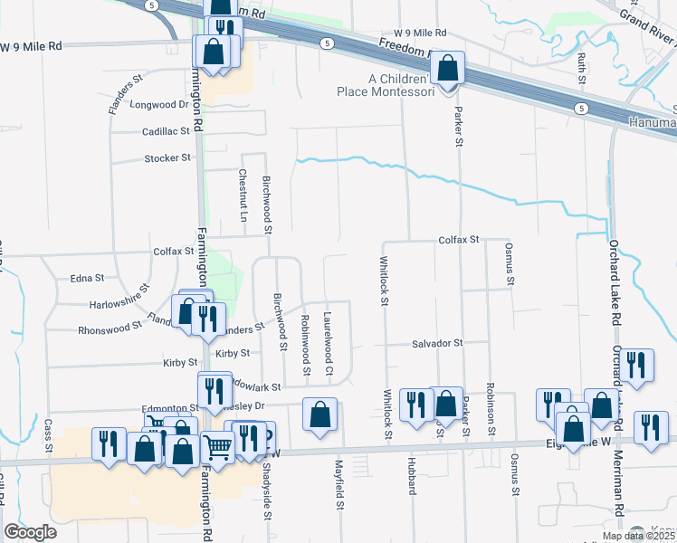 map of restaurants, bars, coffee shops, grocery stores, and more near 32600 Flanders Street in Farmington
