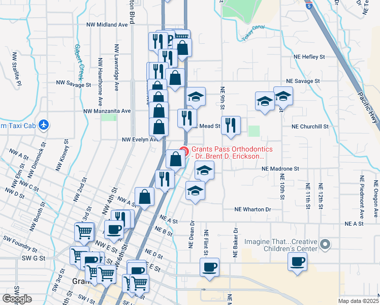 map of restaurants, bars, coffee shops, grocery stores, and more near 873 Northeast 7th Street in Grants Pass
