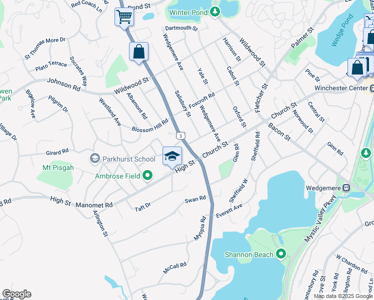 map of restaurants, bars, coffee shops, grocery stores, and more near 118 Cambridge Street in Winchester