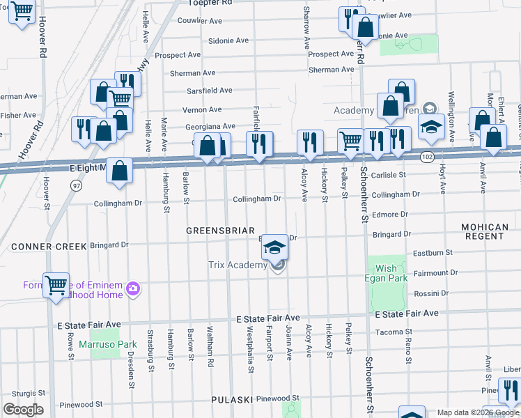 map of restaurants, bars, coffee shops, grocery stores, and more near 20291 Fairport Street in Detroit