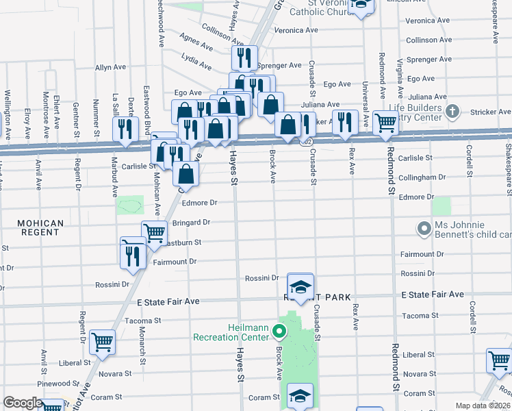 map of restaurants, bars, coffee shops, grocery stores, and more near 15232 Edmore Drive in Detroit