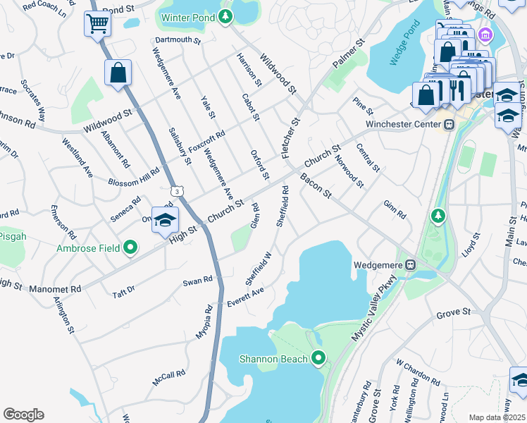 map of restaurants, bars, coffee shops, grocery stores, and more near 8 Glen Road in Winchester