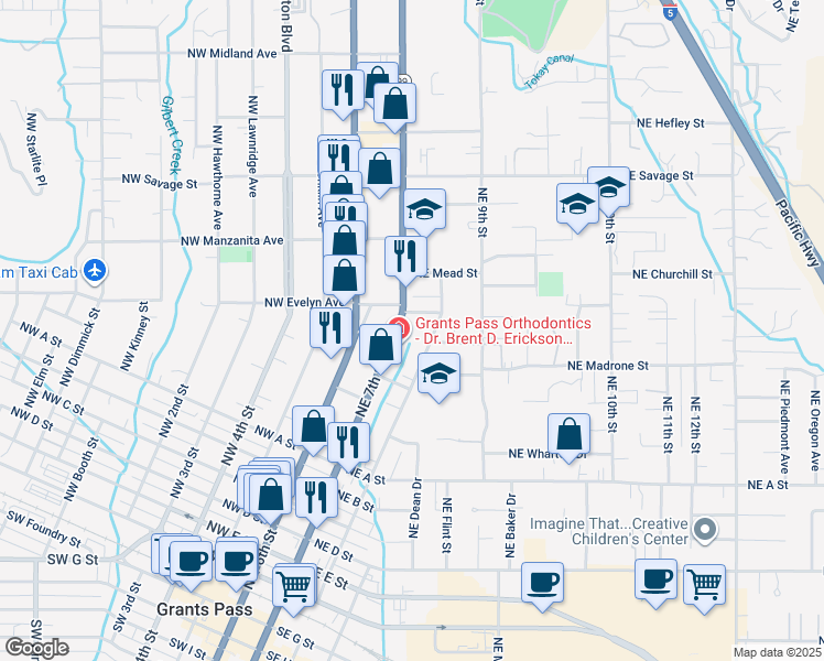 map of restaurants, bars, coffee shops, grocery stores, and more near 873 Northeast 7th Street in Grants Pass