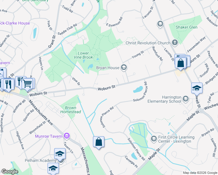 map of restaurants, bars, coffee shops, grocery stores, and more near 166 Woburn Street in Lexington