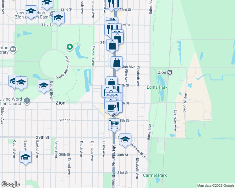 map of restaurants, bars, coffee shops, grocery stores, and more near 2647 Sheridan Road in Zion