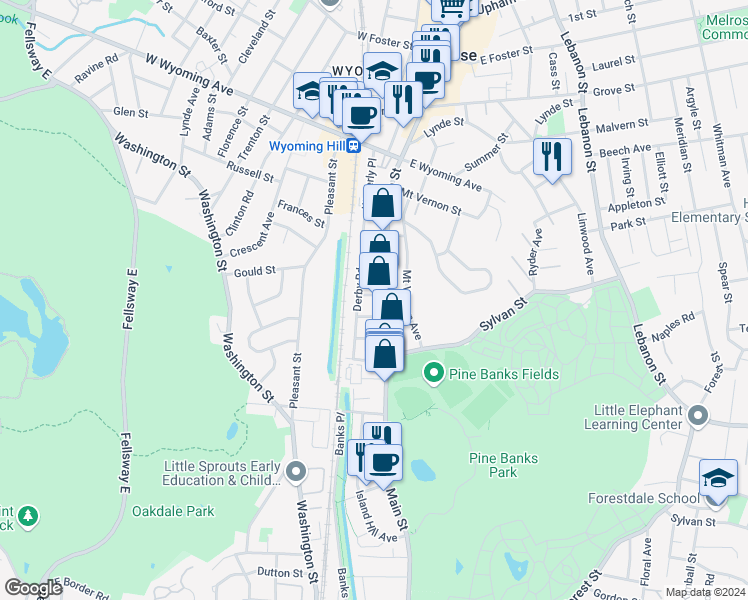map of restaurants, bars, coffee shops, grocery stores, and more near 8 Lodge Avenue in Melrose