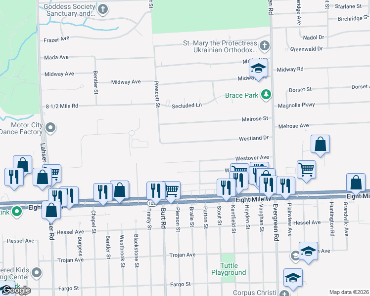 map of restaurants, bars, coffee shops, grocery stores, and more near 20791 Westland Drive in Southfield