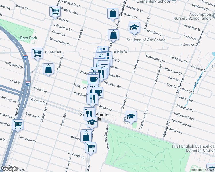 map of restaurants, bars, coffee shops, grocery stores, and more near 1841 Hampton Road in Grosse Pointe Woods